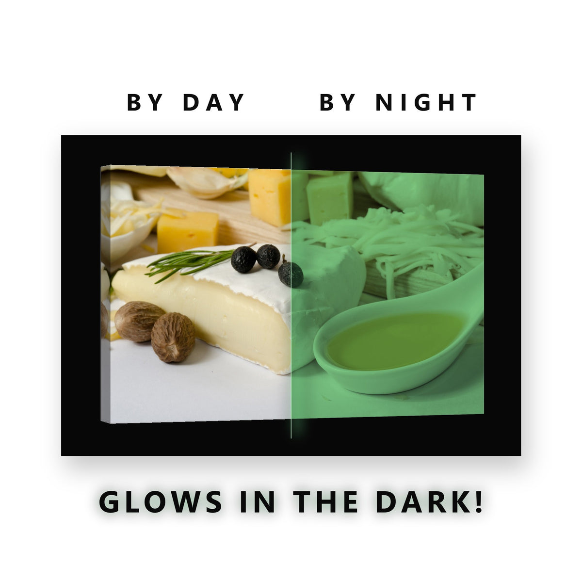 Cheese and Olive Oil Board Glow in the Dark Canvas Wall Art for Kitchen, glowing at night