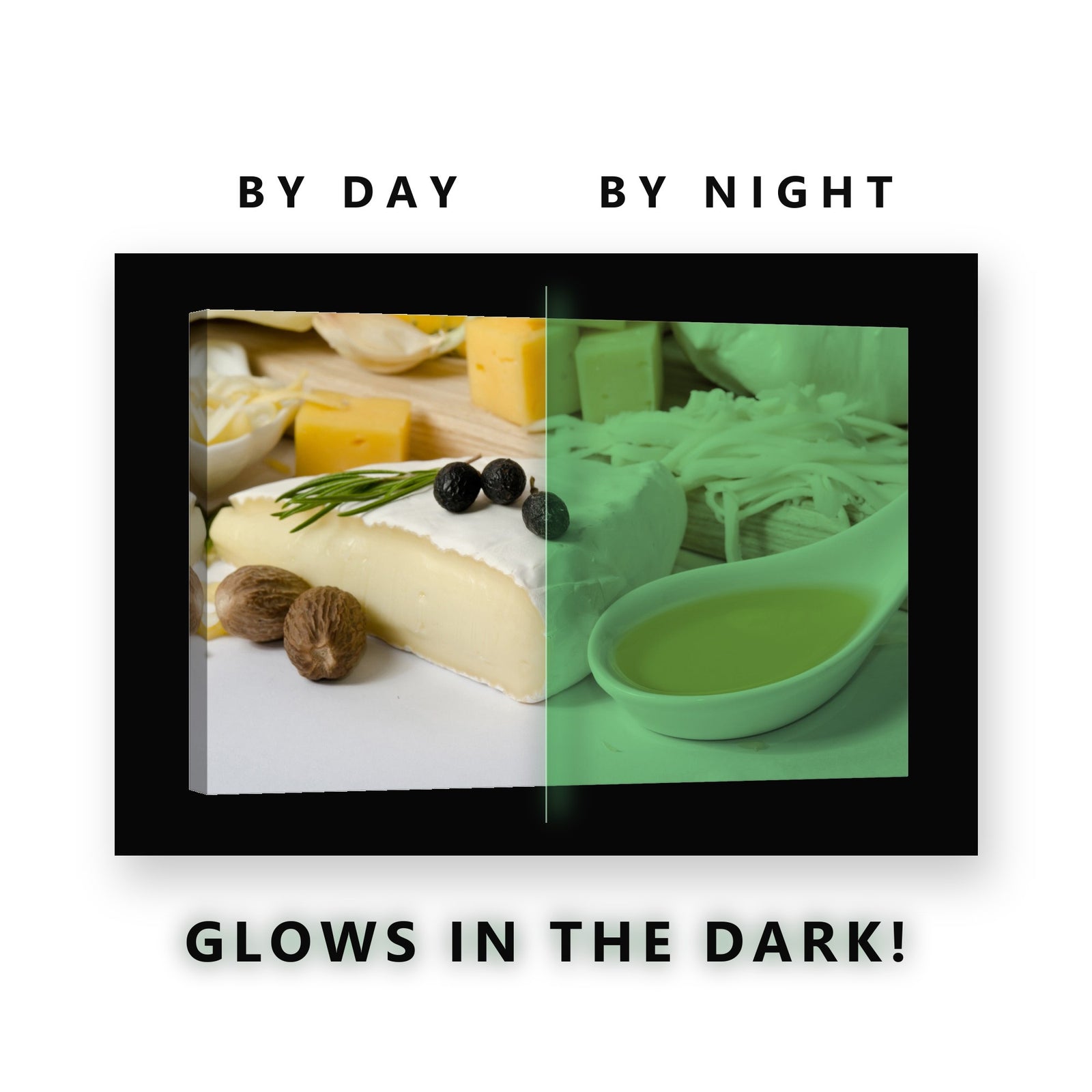 Cheese and Olive Oil Board Glow in the Dark Canvas Wall Art for Kitchen, glowing at night