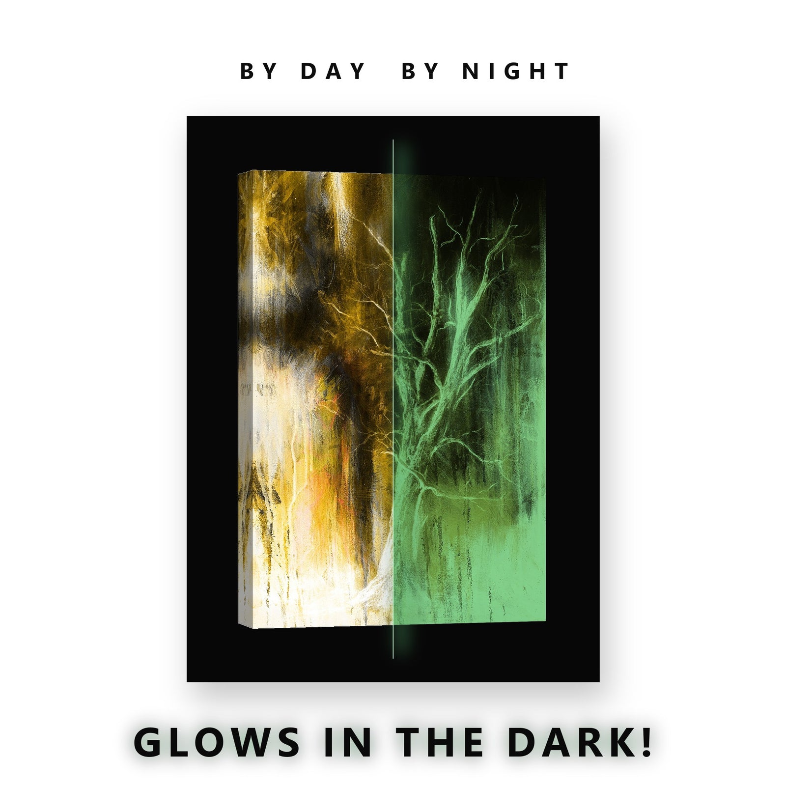Painted Gold and Black Tree Glow in the Dark Canvas Wall Art Living Room, glowing at night