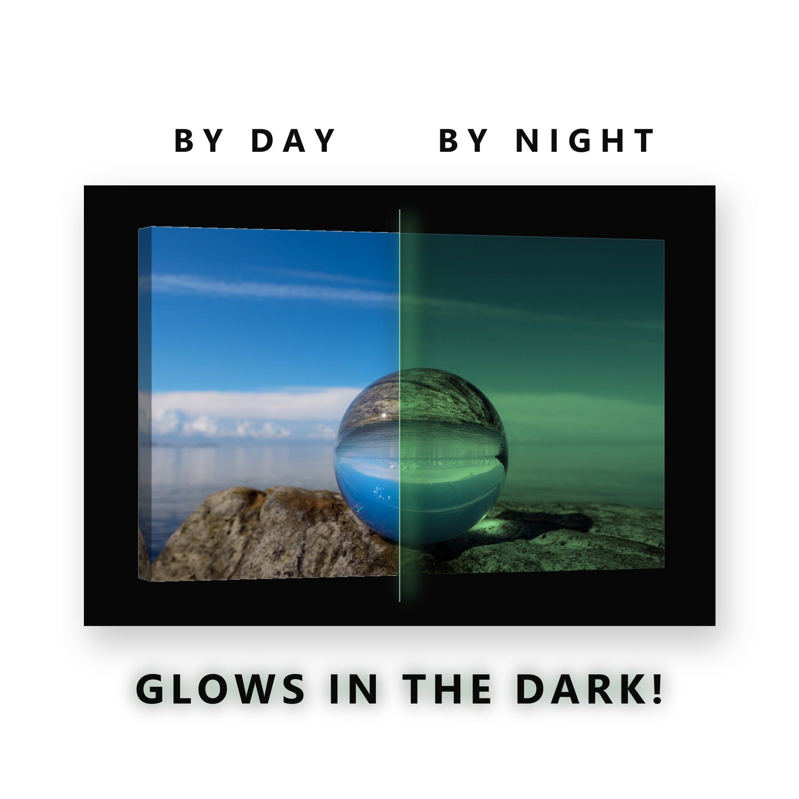 Lens Ball on the Shore Glow in the Dark Canvas Wall Art for Living Room, glowing at night