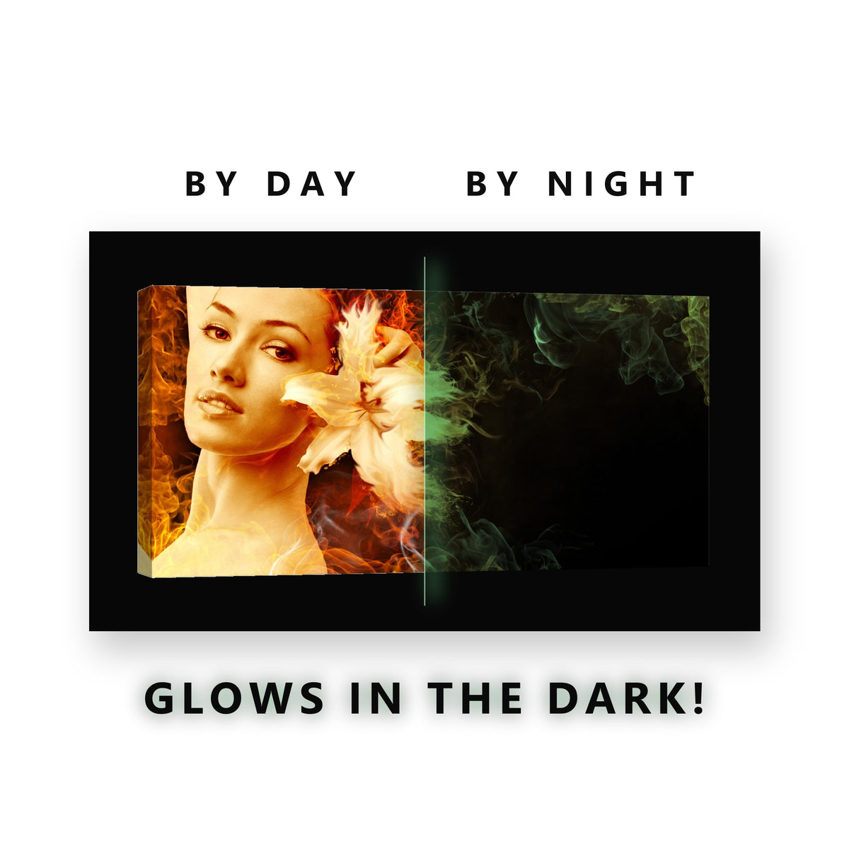 Woman and Lily in Fire Glow in the Dark Canvas Wall Art for Living Room, glowing at night