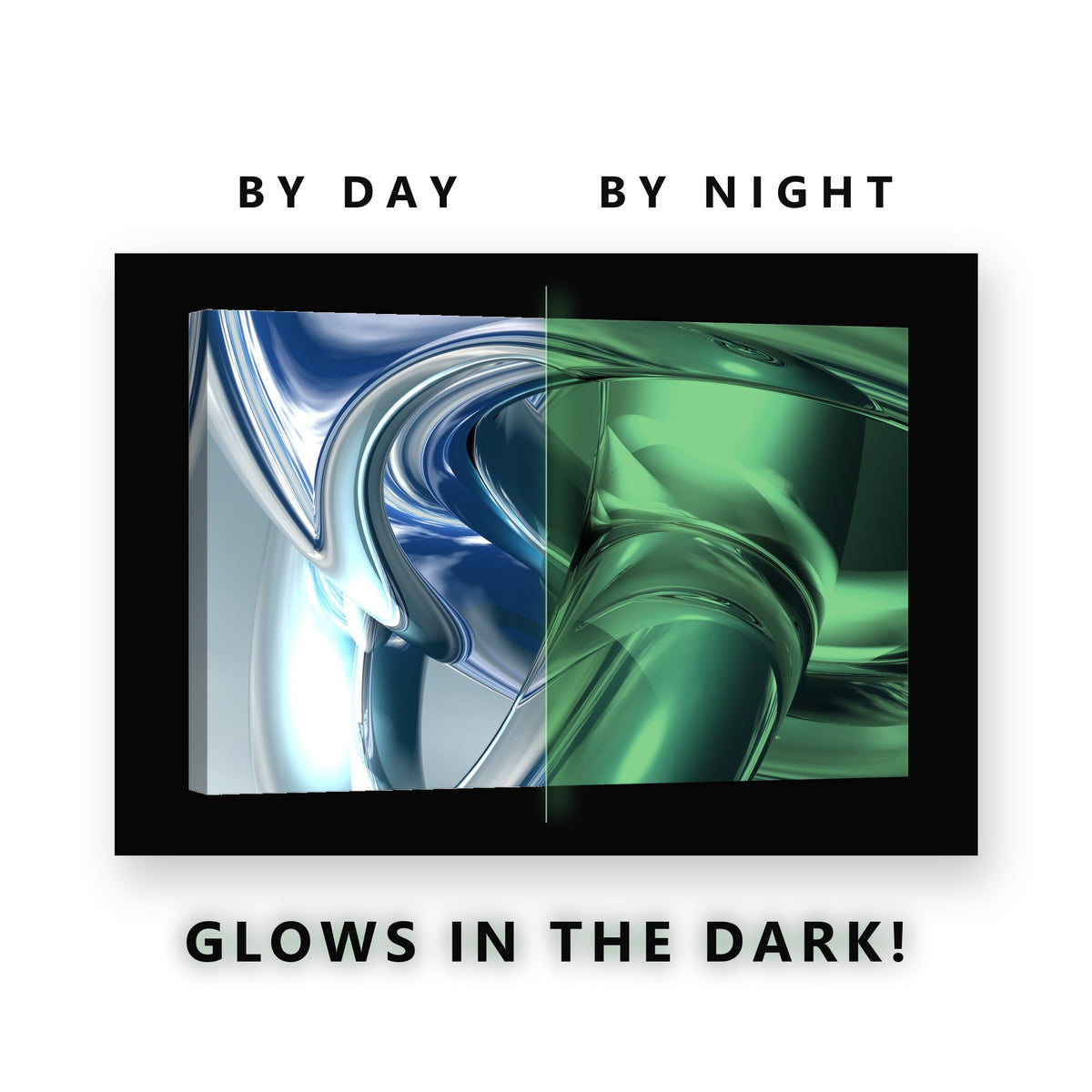 Blue Liquid Metal Abstract Glow in the Dark Canvas Wall Art Home Office, glowing at night