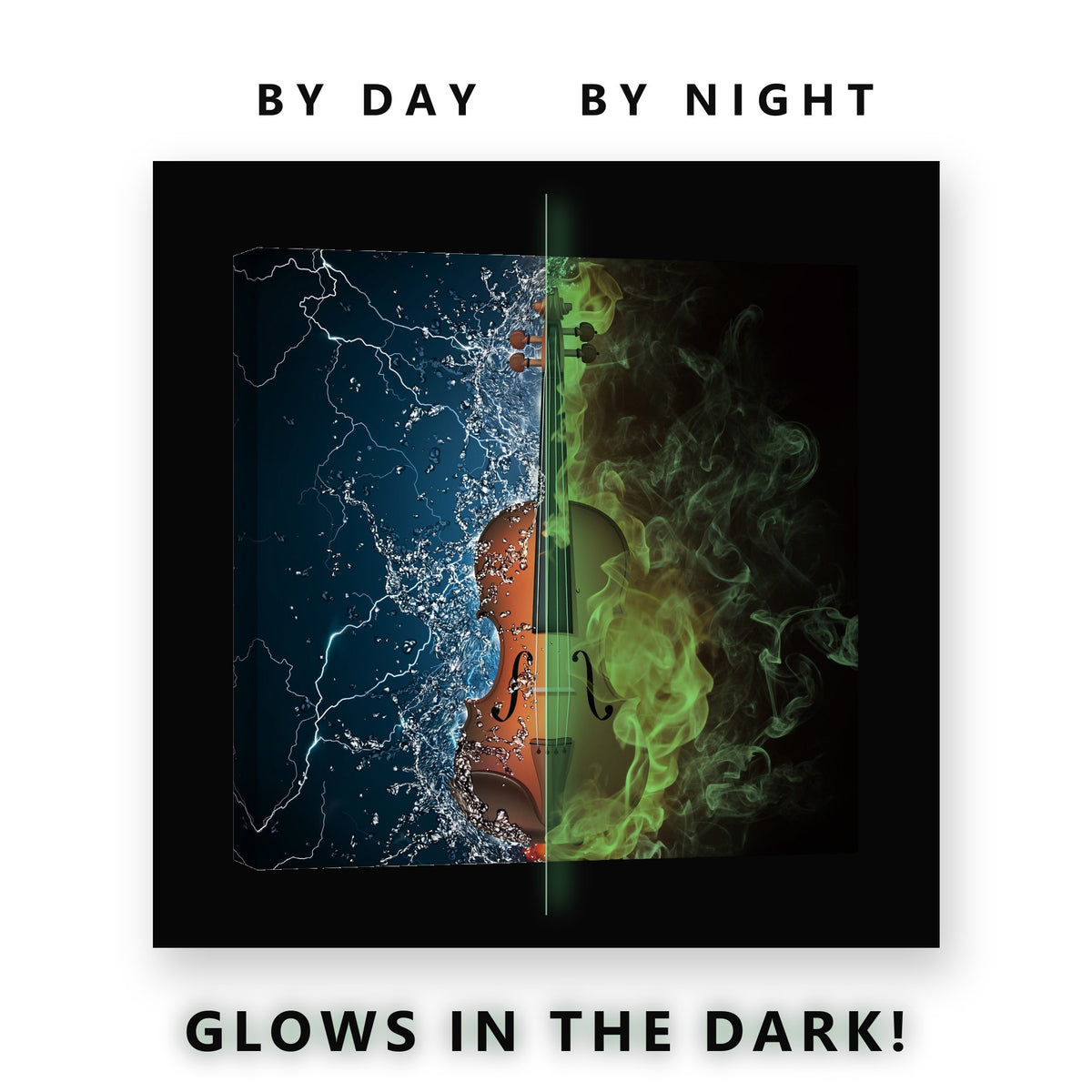 Violin in Fire and Water Glow in the Dark Canvas Wall Art for Living Room, glowing at night