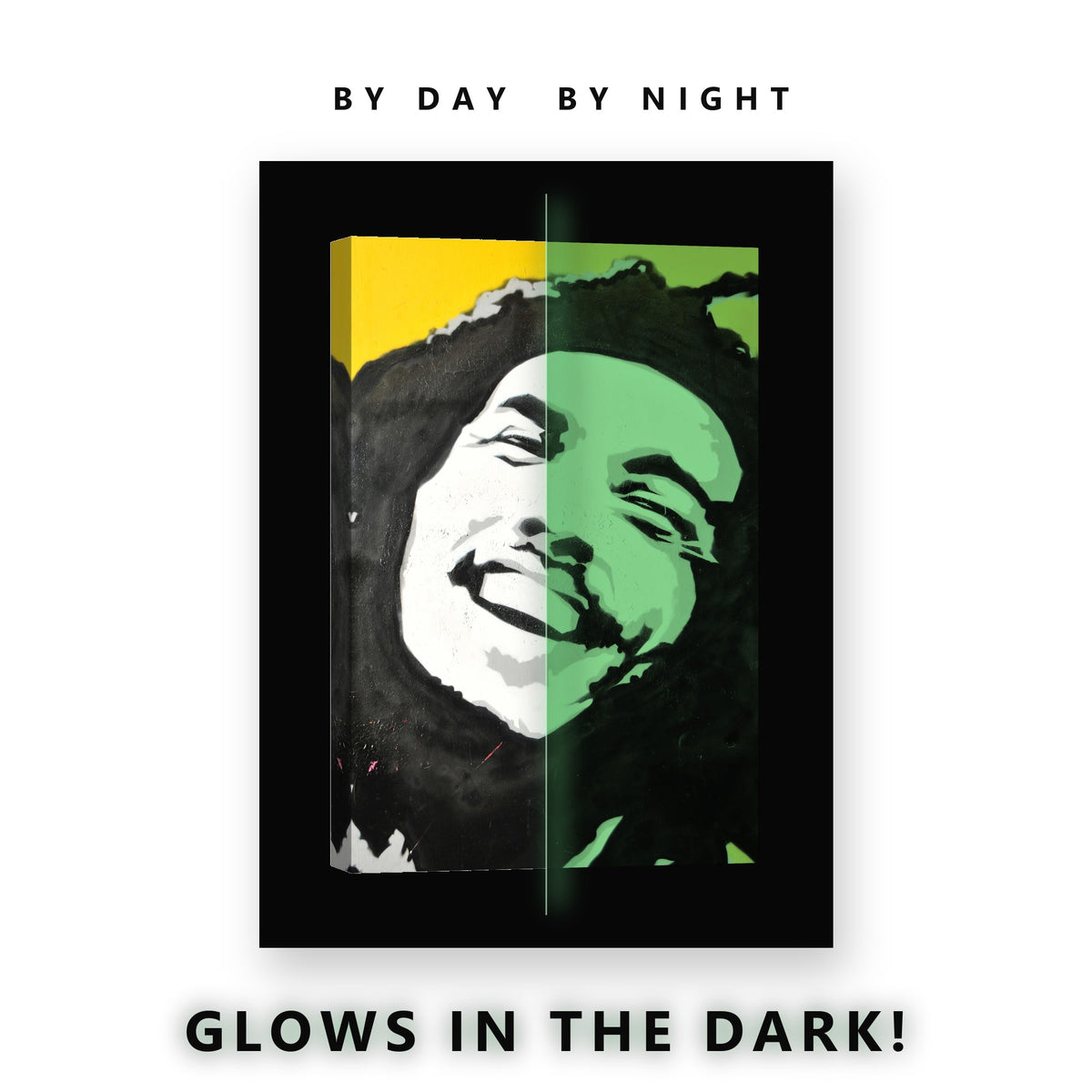 Yellow Stencil Street Portrait Glow in the Dark Canvas Wall Art Man Cave, glowing at night