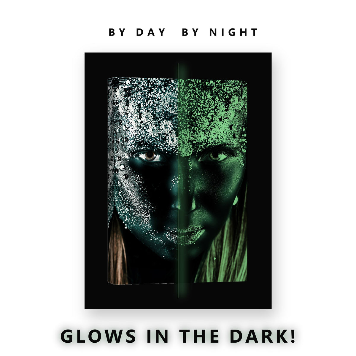Green Paint and Silver Glitter Glow in the Dark Canvas Wall Art Bedroom, glowing at night