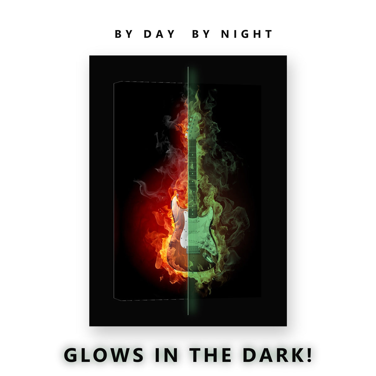 Electric Guitar in Flames Glow in the Dark Canvas Wall Art for Man Cave, glowing at night