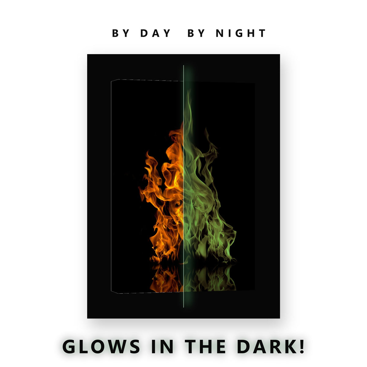 Flame on Black With Reflection Glow in the Dark Canvas Wall Art Man Cave, glowing at night