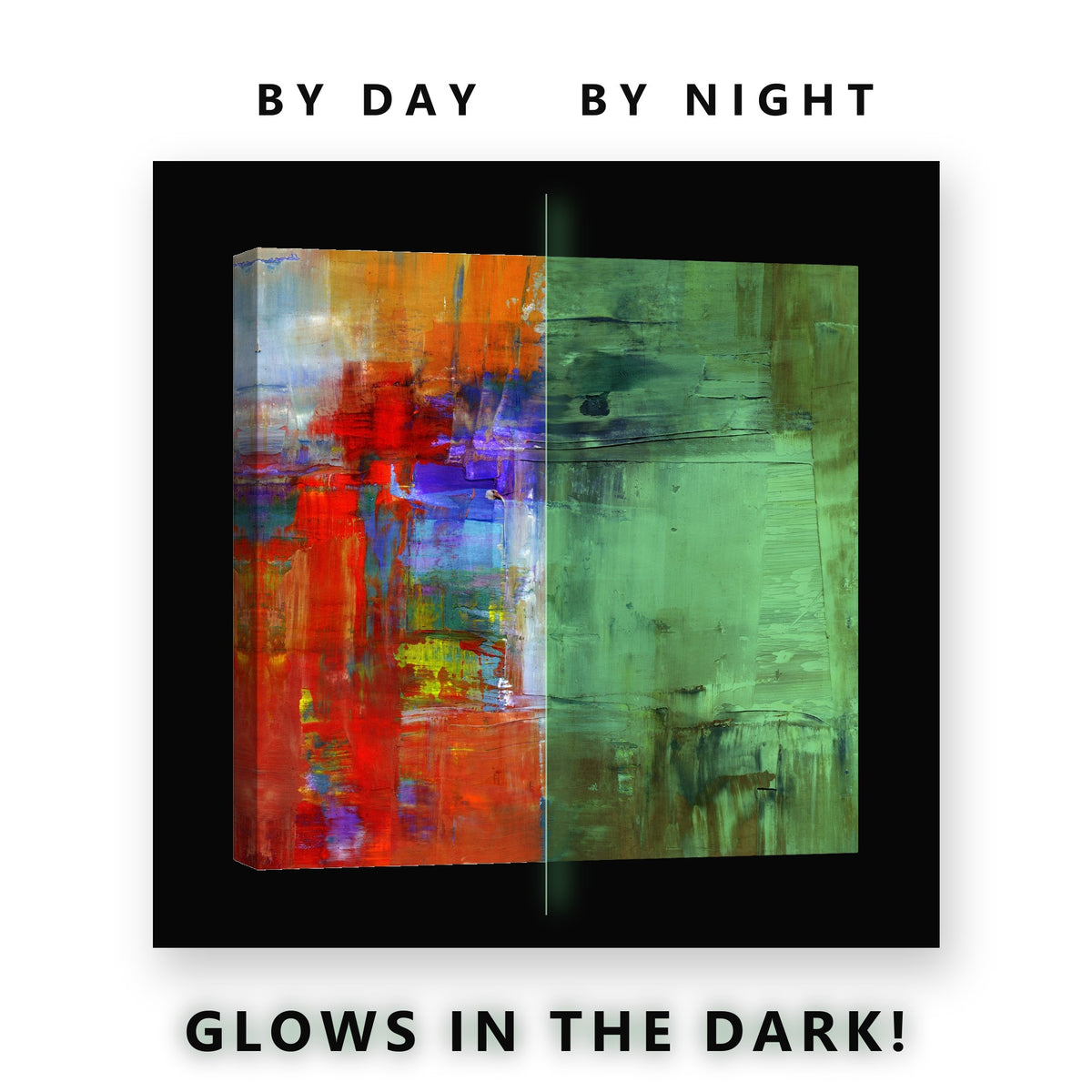 Orange and Teal Abstract Glow in the Dark Canvas Wall Art Living Room, glowing at night