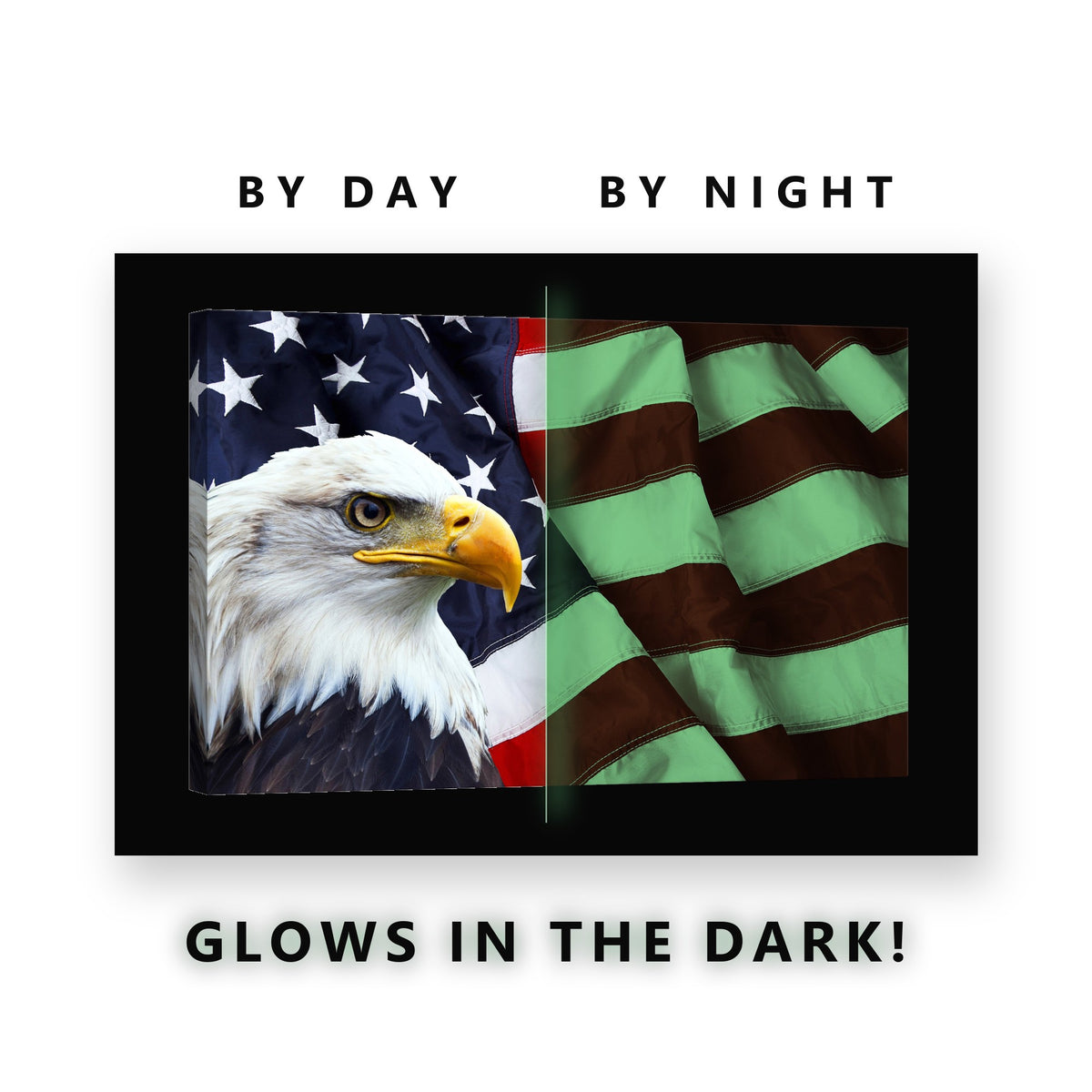 Bald Eagle and American Flag Glow in the Dark Canvas Wall Art Man Cave, glowing at night