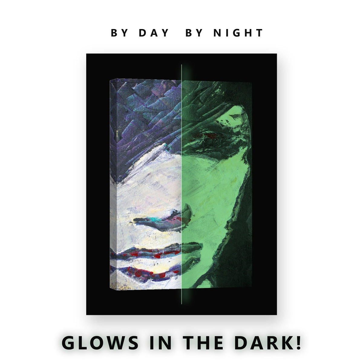 Painted Abstract Face Glow in the Dark Canvas Wall Art for Living Room, glowing at night