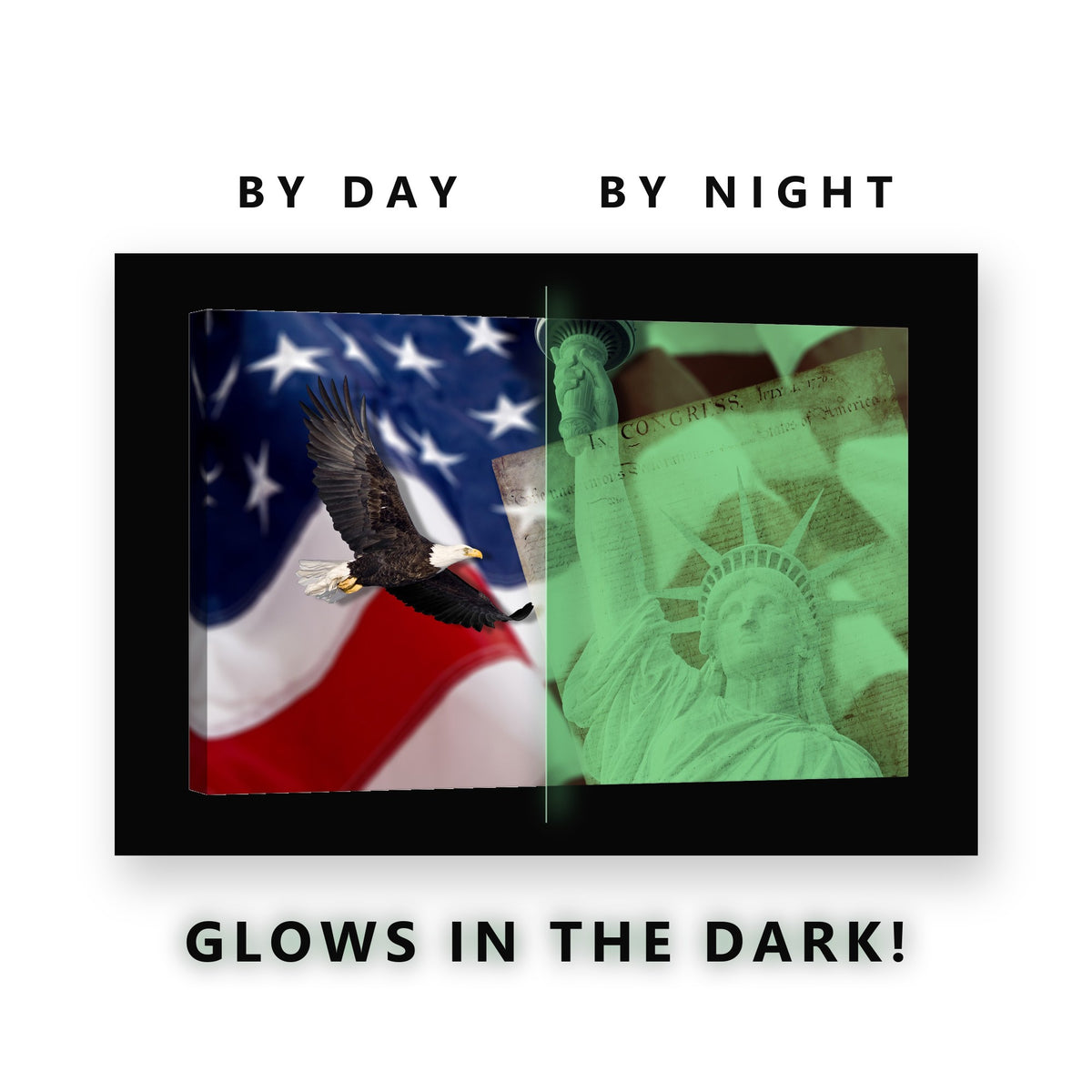 American Flag and Liberty Glow in the Dark Canvas Wall Art for Man Cave, glowing at night
