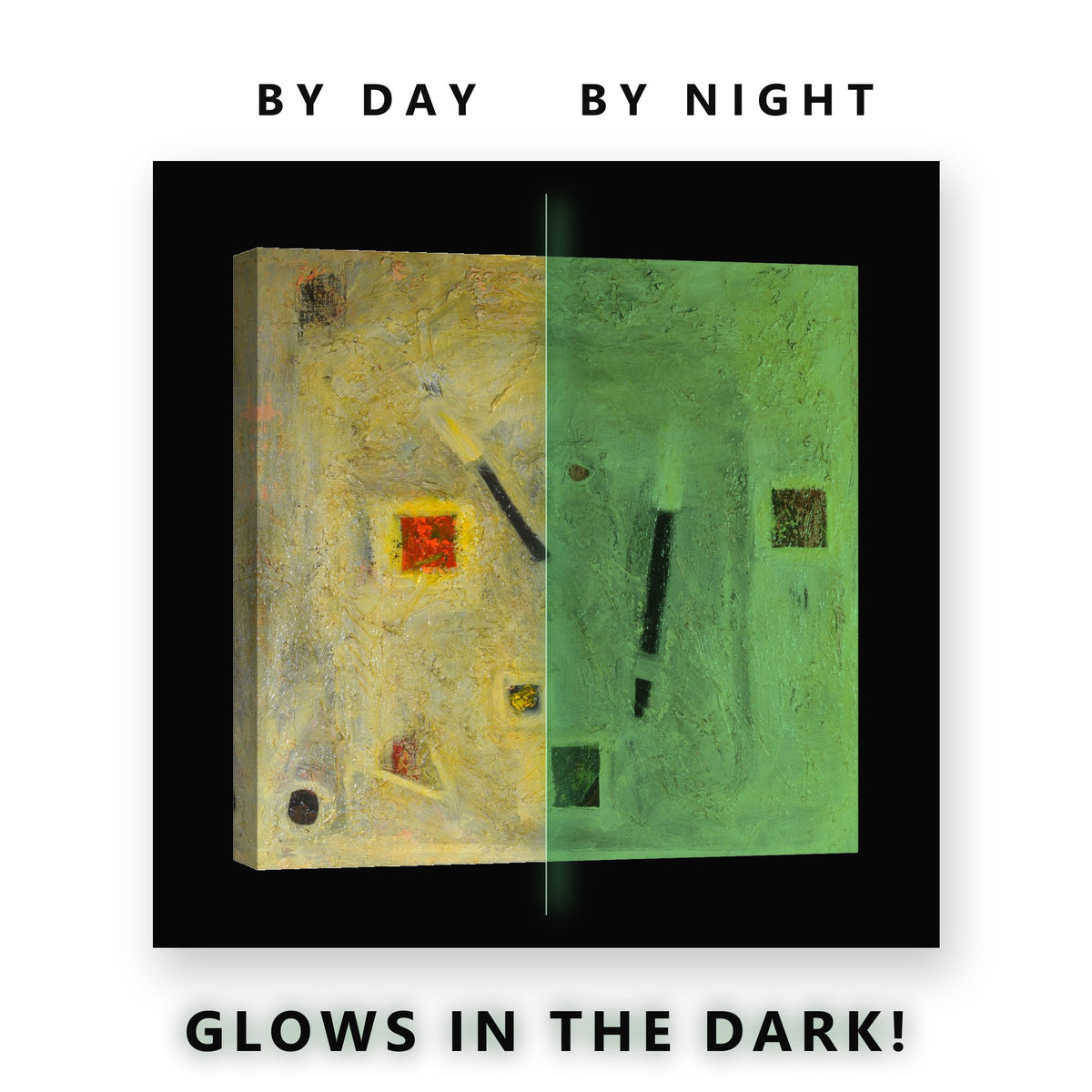 Yellow Textured Abstract Glow in the Dark Canvas Wall Art Home Office, glowing at night