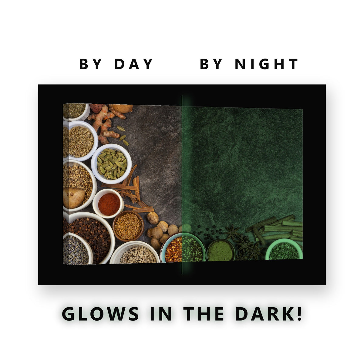 Spices on Dark Stone Glow in the Dark Canvas Wall Art for Kitchen, glowing at night