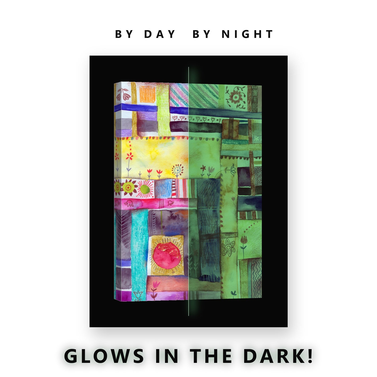 Folk Patchwork Watercolor Glow in the Dark Canvas Wall Art Kids Room, glowing at night