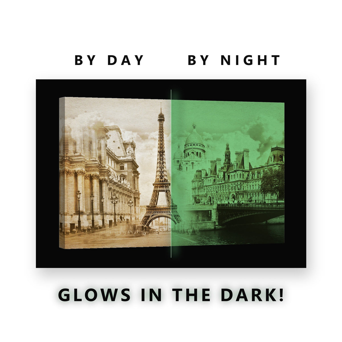 Vintage Paris Sepia Collage Glow in the Dark Canvas Wall Art Living Room, glowing at night