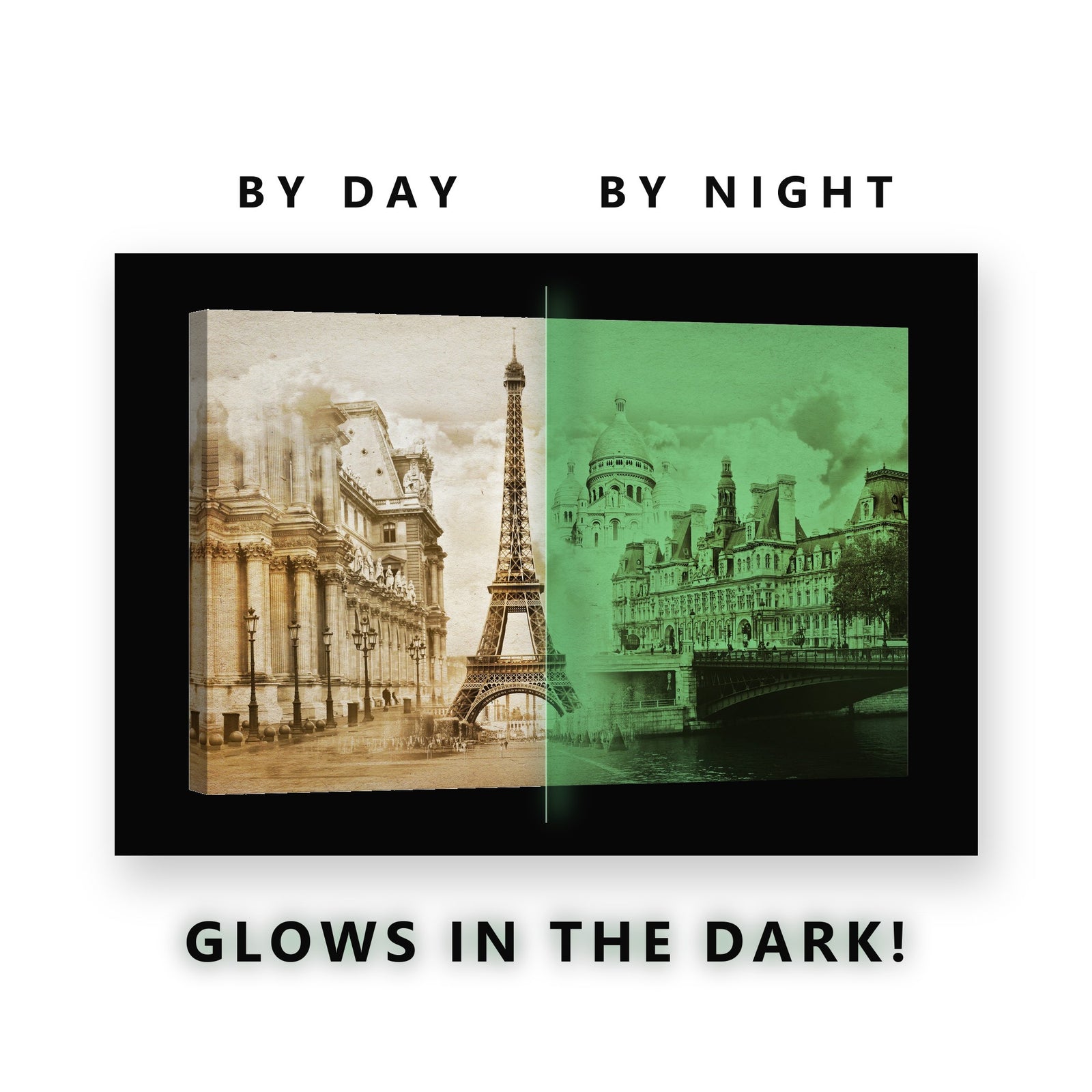Vintage Paris Sepia Collage Glow in the Dark Canvas Wall Art Living Room, glowing at night
