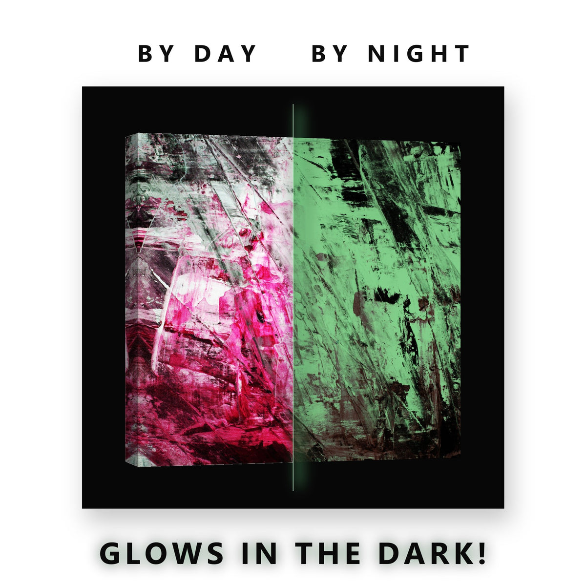 Magenta and Black Abstract Glow in the Dark Canvas Wall Art Living Room, glowing at night