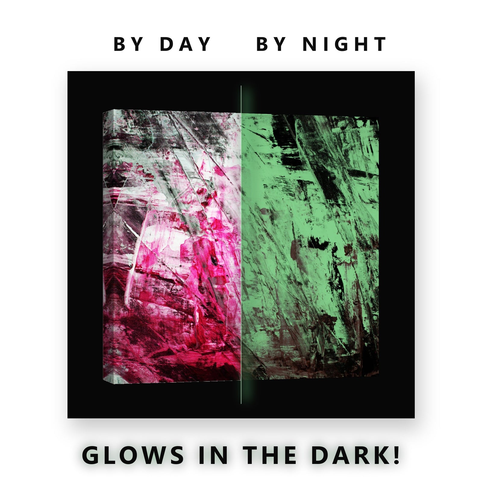 Magenta and Black Abstract Glow in the Dark Canvas Wall Art Living Room, glowing at night