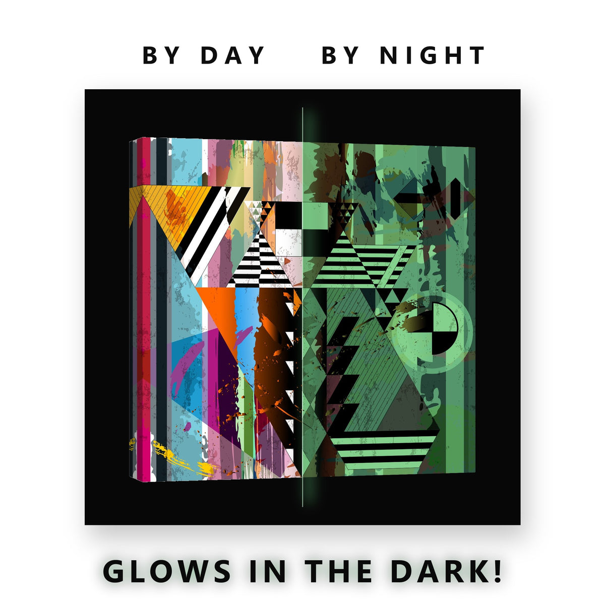 Geometric Triangles Collage Glow in the Dark Canvas Wall Art Kids Room, glowing at night