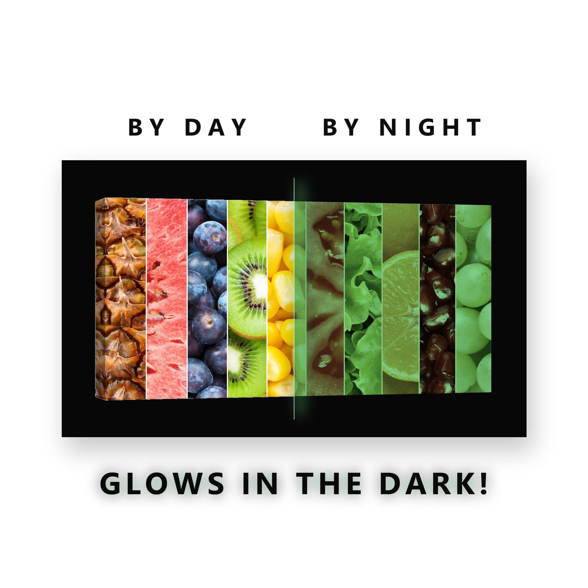 Fruit and Vegetable Stripes Glow in the Dark Canvas Wall Art Kitchen, glowing at night