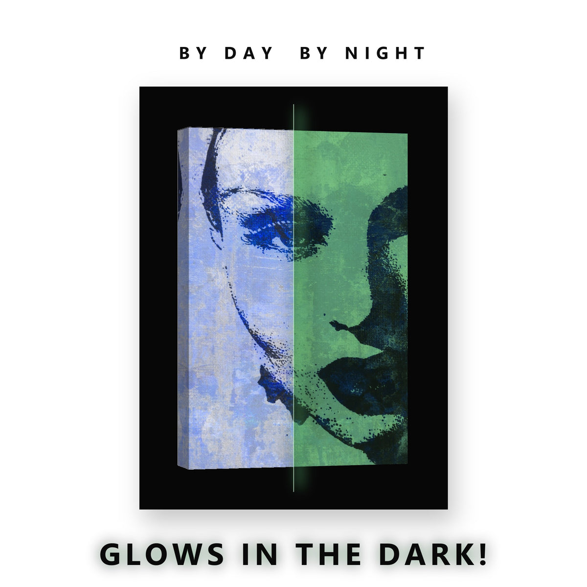 Blue Printed Face on Canvas Glow in the Dark Canvas Wall Art Bedroom, glowing at night