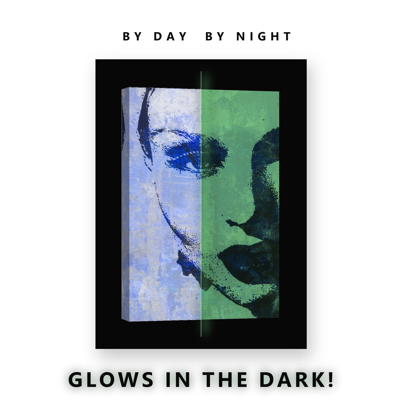 Blue Printed Face on Canvas Glow in the Dark Canvas Wall Art Bedroom, glowing at night