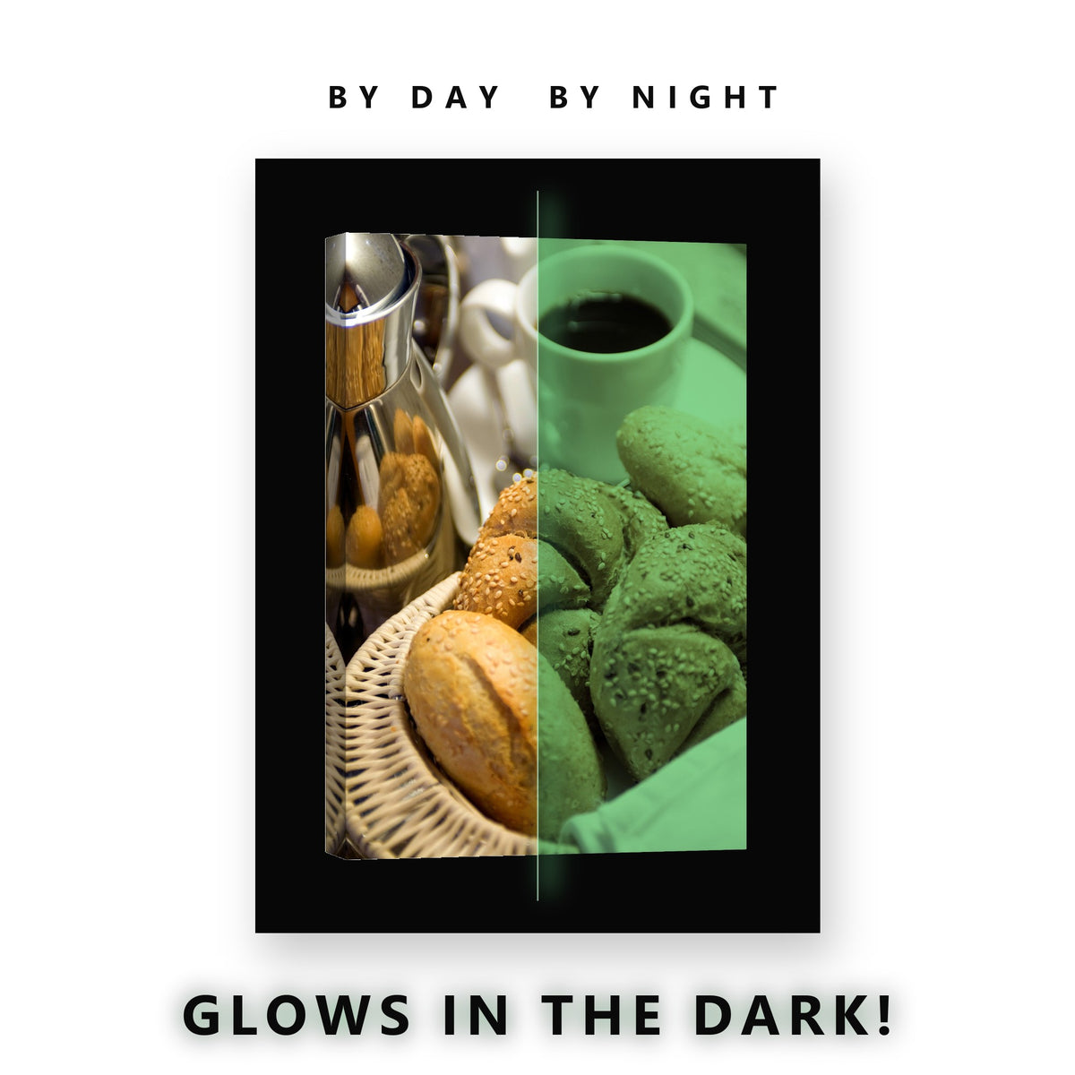 Bread Rolls and Coffee Glow in the Dark Canvas Wall Art for Kitchen, glowing at night