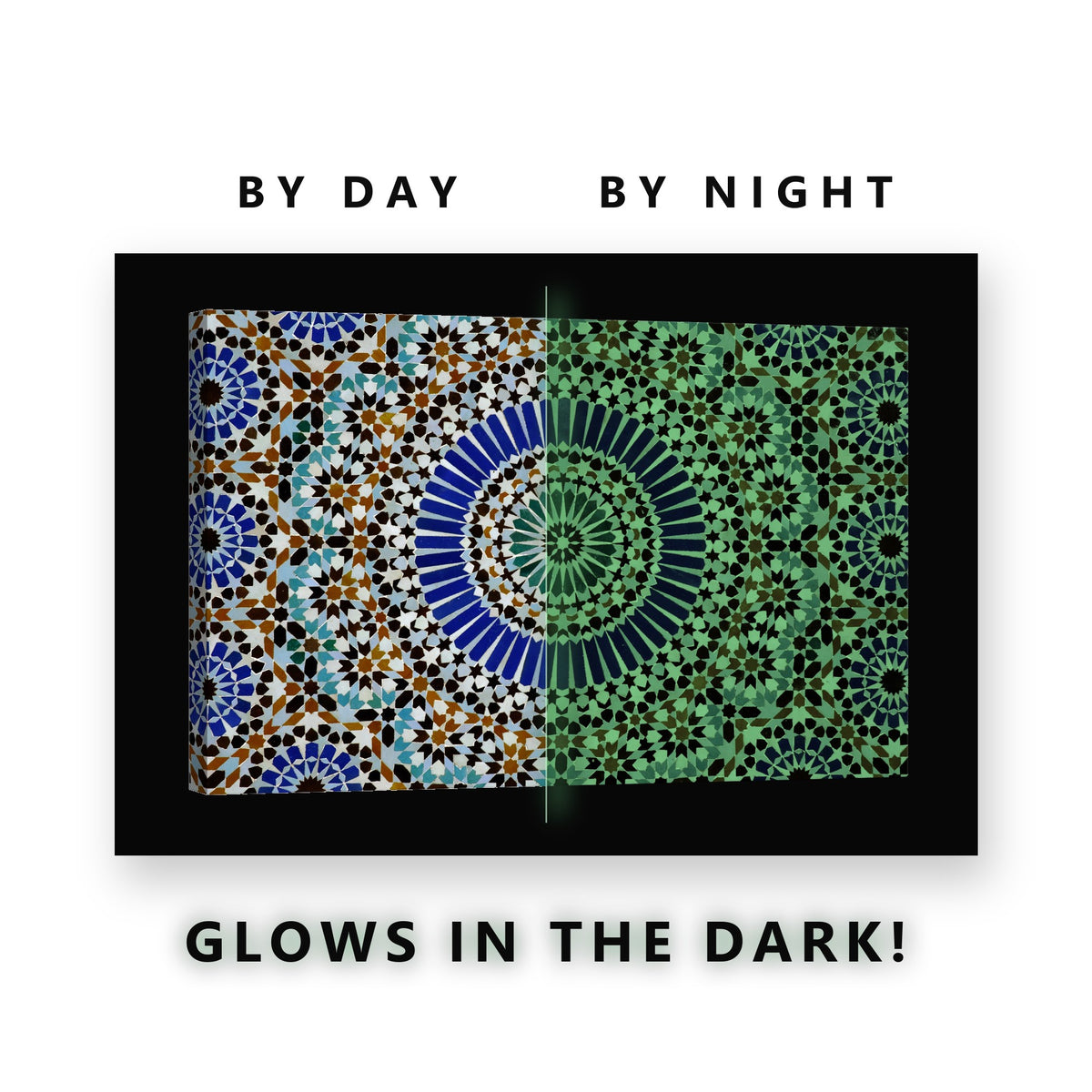 Moroccan Mosaic Tile Pattern Glow in the Dark Canvas Wall Art Bathroom, glowing at night