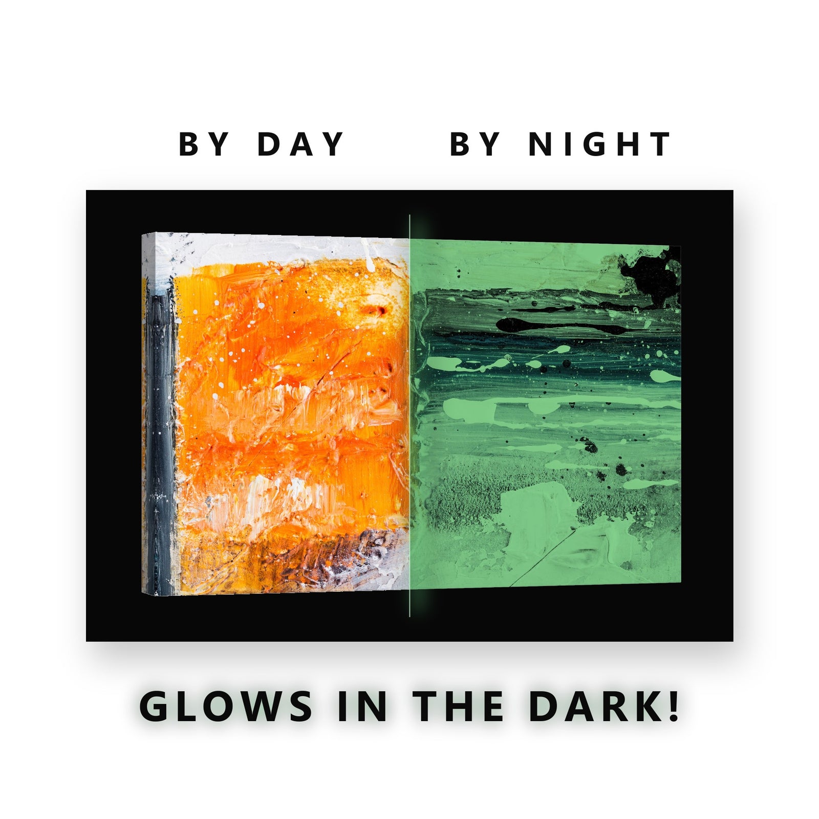 Orange Block and Blue Abstract Glow in the Dark Canvas Wall Art Office, glowing at night