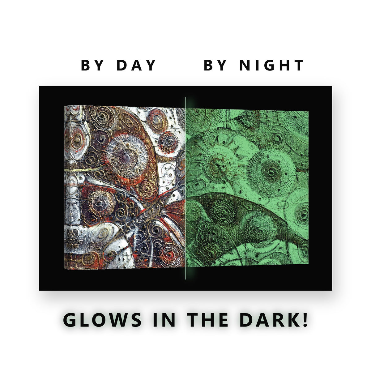 Silver and Rust Spiral Relief Glow in the Dark Canvas Wall Art Bedroom, glowing at night