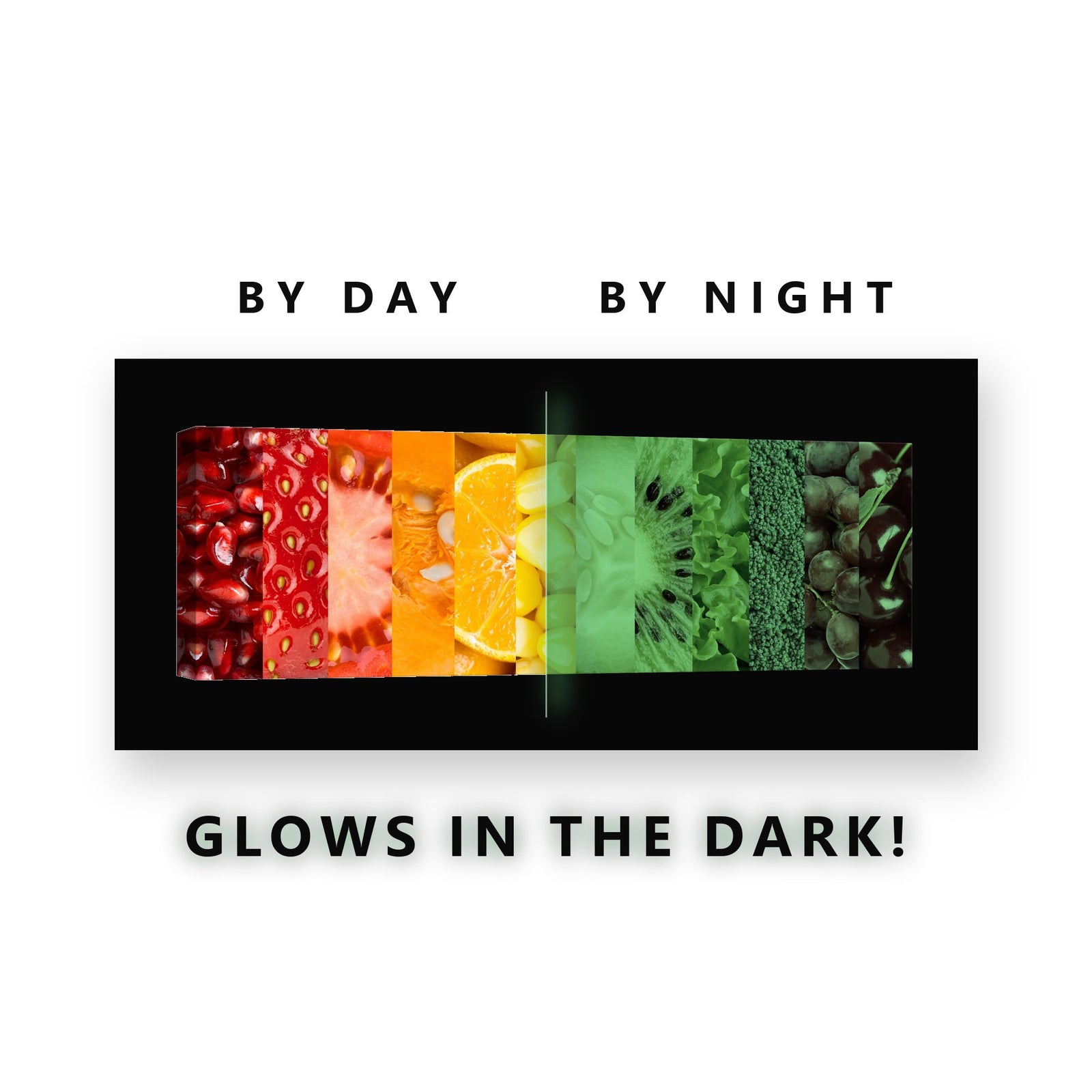 Rainbow Fruit Strip Panorama Glow in the Dark Canvas Wall Art Kitchen, glowing at night