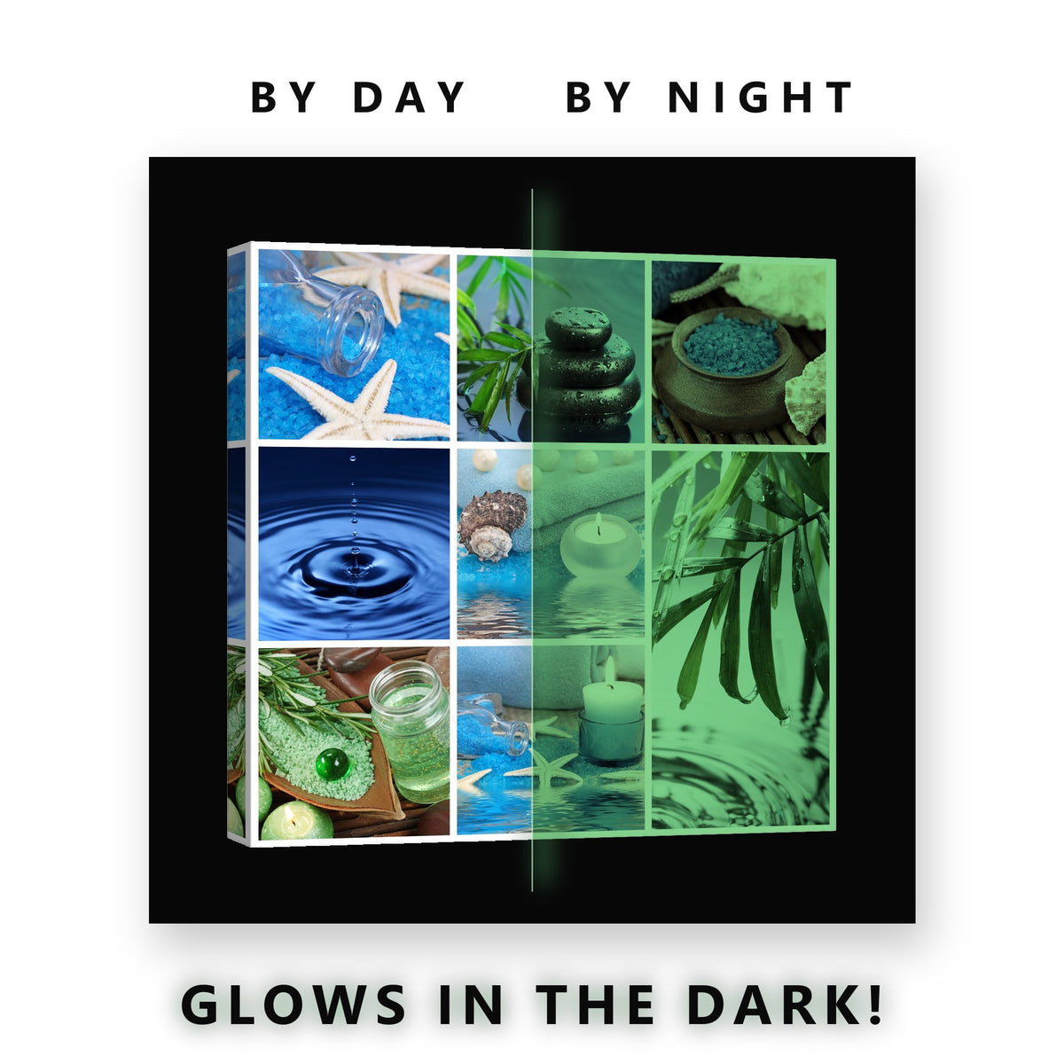 Blue Spa Collage Glow in the Dark Canvas Wall Art for Bathroom, glowing at night