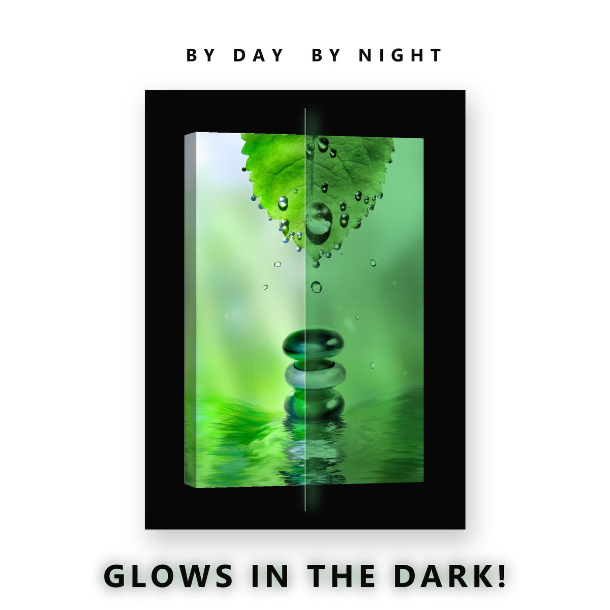 Green Zen Stones and Leaf Glow in the Dark Canvas Wall Art for Spa, glowing at night