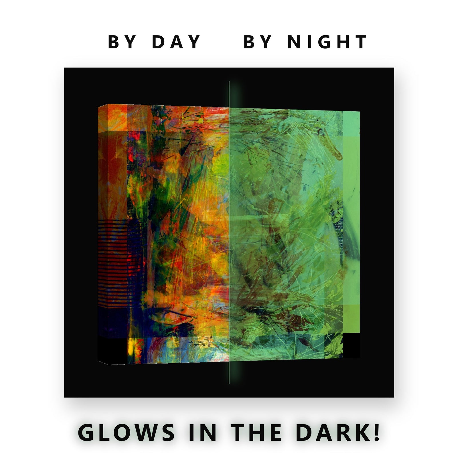 Yellow and Green Layer Abstract Glow in the Dark Canvas Wall Art Office, glowing at night