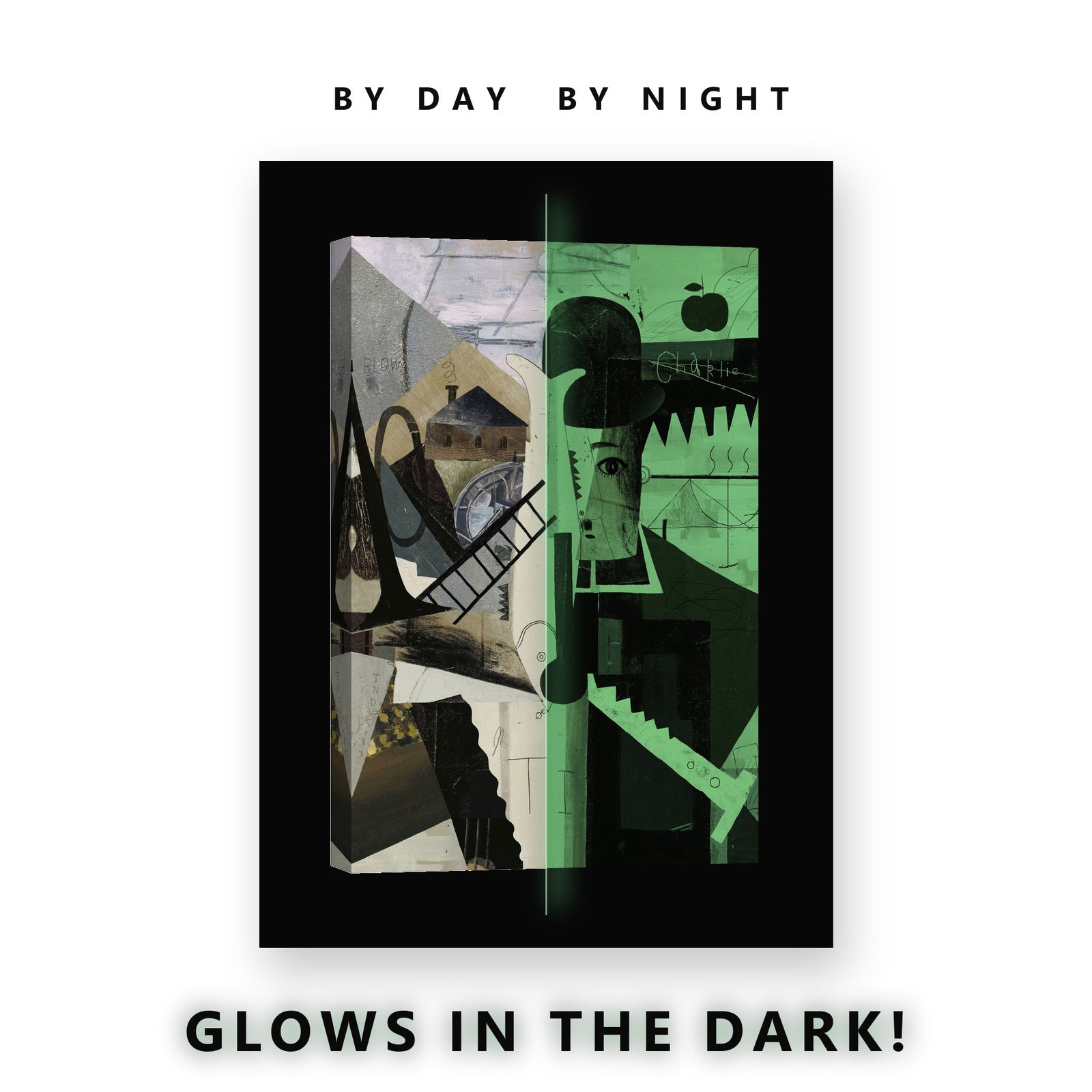 Cubist Bowler Hat Collage Glow in the Dark Canvas Wall Art Home Office, glowing at night
