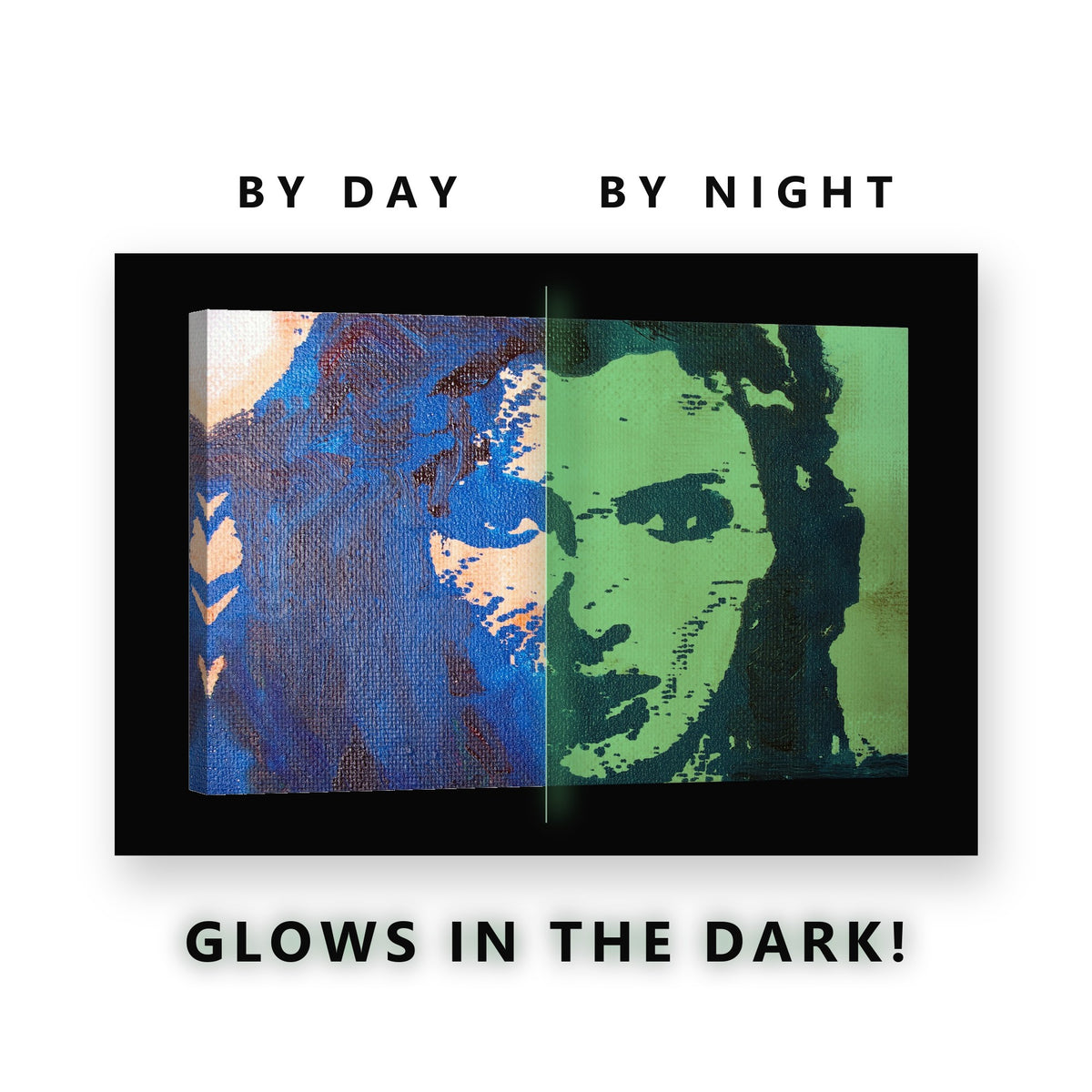 Blue Face on Orange Ground Glow in the Dark Canvas Wall Art Living Room, glowing at night