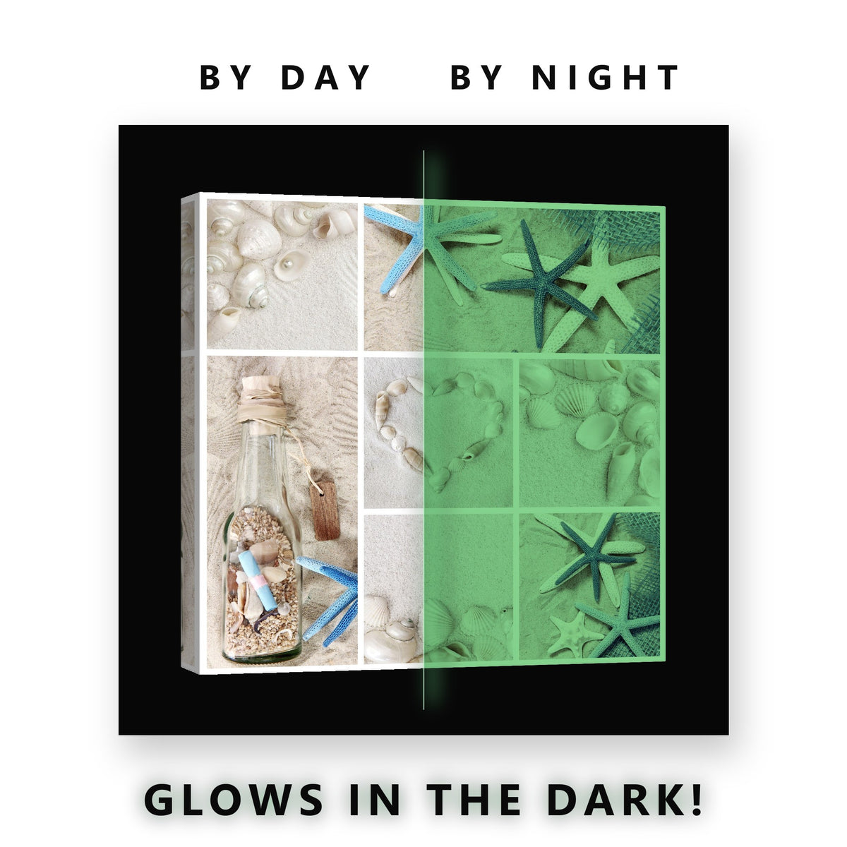 Starfish and Shells Collage Glow in the Dark Canvas Wall Art Bathroom, glowing at night