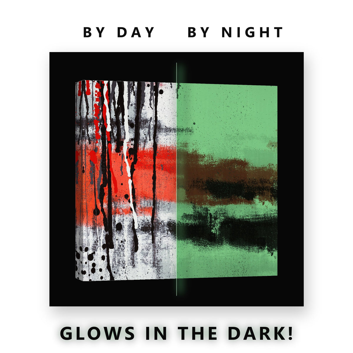 Red and Black Drip Abstract Glow in the Dark Canvas Wall Art Home Office, glowing at night