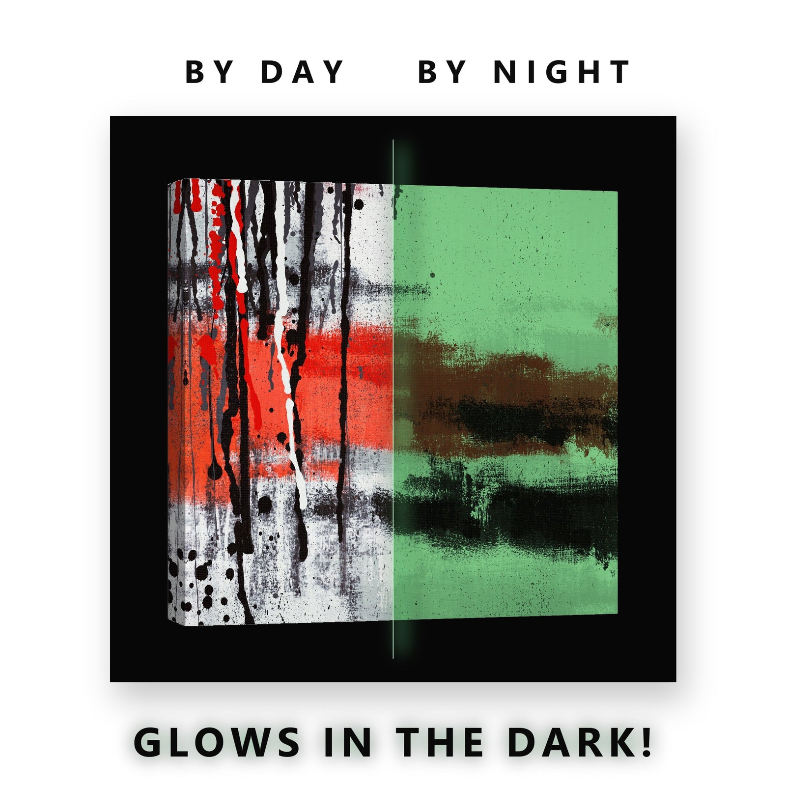 Red and Black Drip Abstract Glow in the Dark Canvas Wall Art Home Office, glowing at night