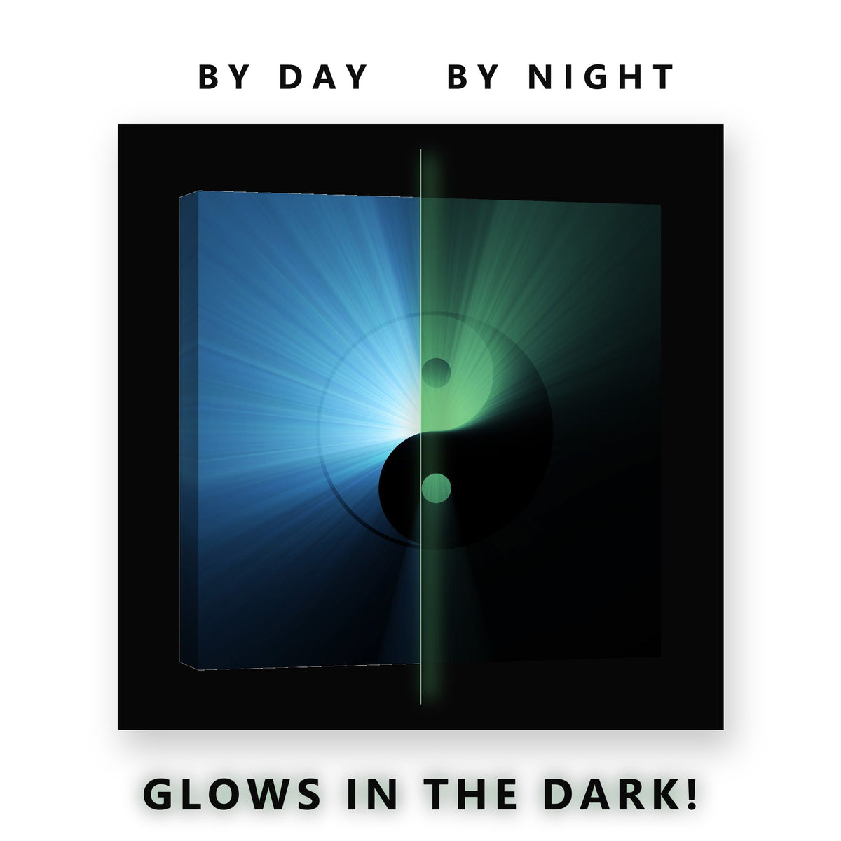 Blue Yin Yang Light Burst Glow in the Dark Canvas Wall Art for Bedroom, glowing at night