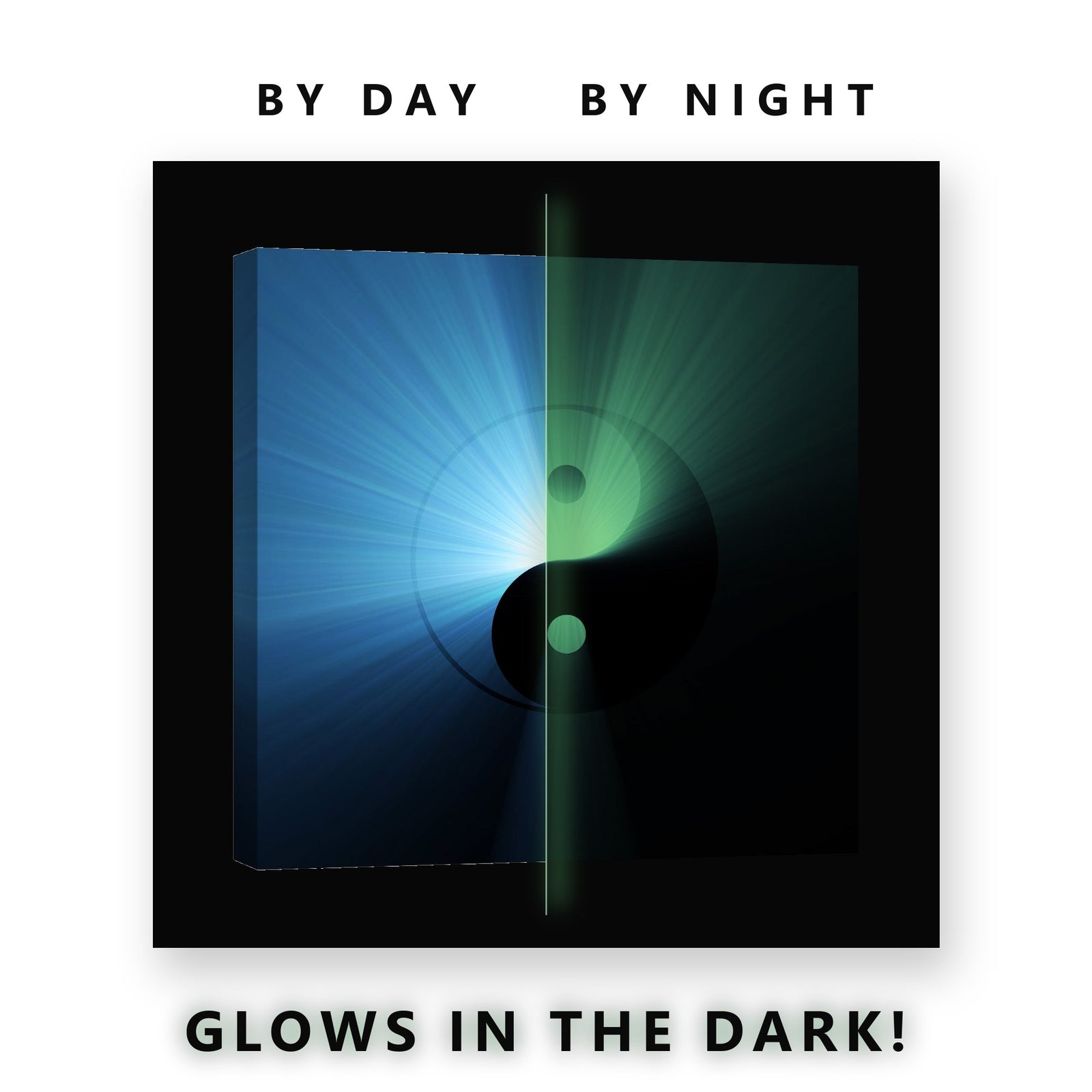 Blue Yin Yang Light Burst Glow in the Dark Canvas Wall Art for Bedroom, glowing at night