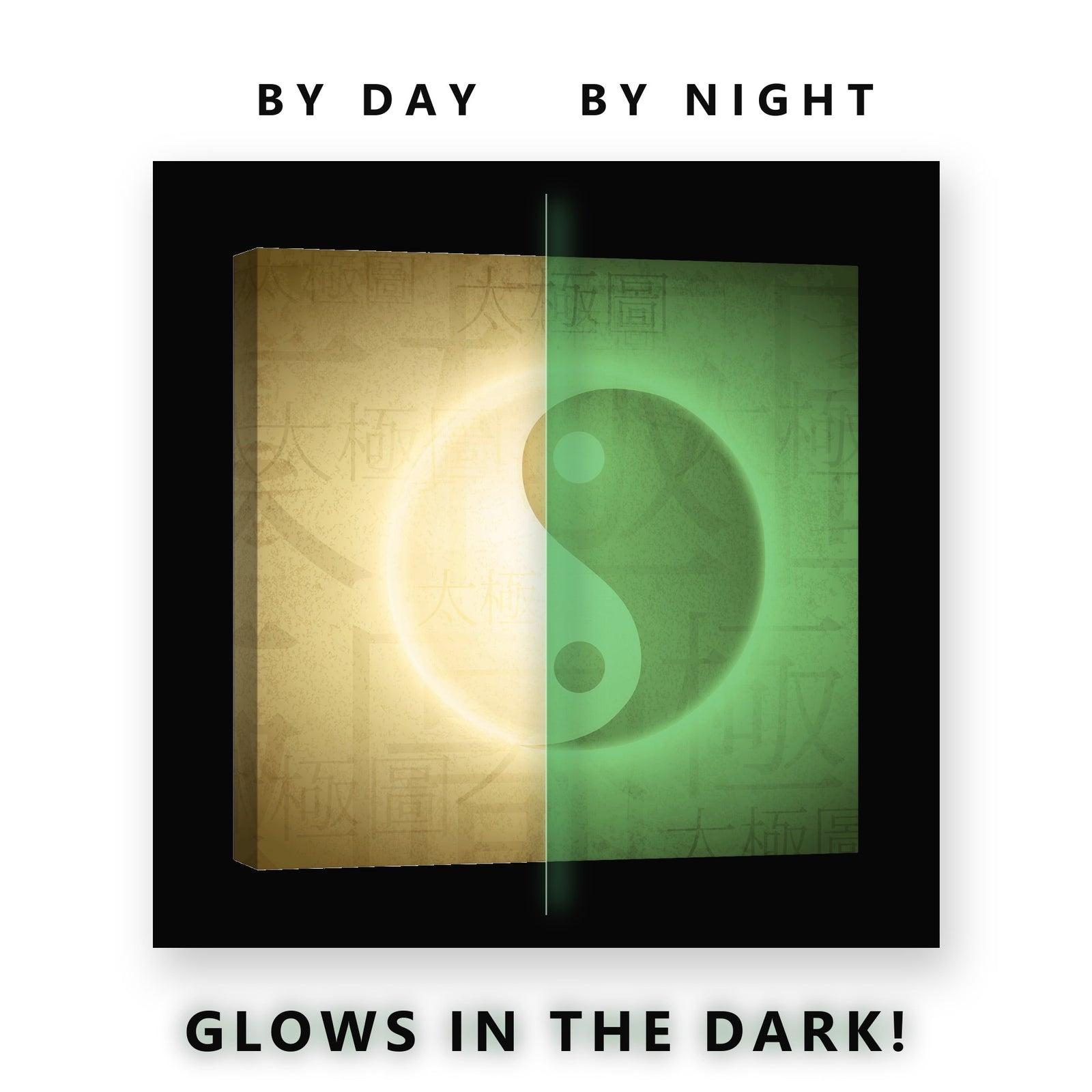 Golden Yin Yang Symbol Glow in the Dark Canvas Wall Art for Bedroom, glowing at night