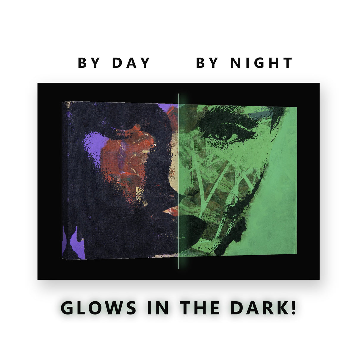 Violet and Gold Painted Face Glow in the Dark Canvas Wall Art Bedroom, glowing at night