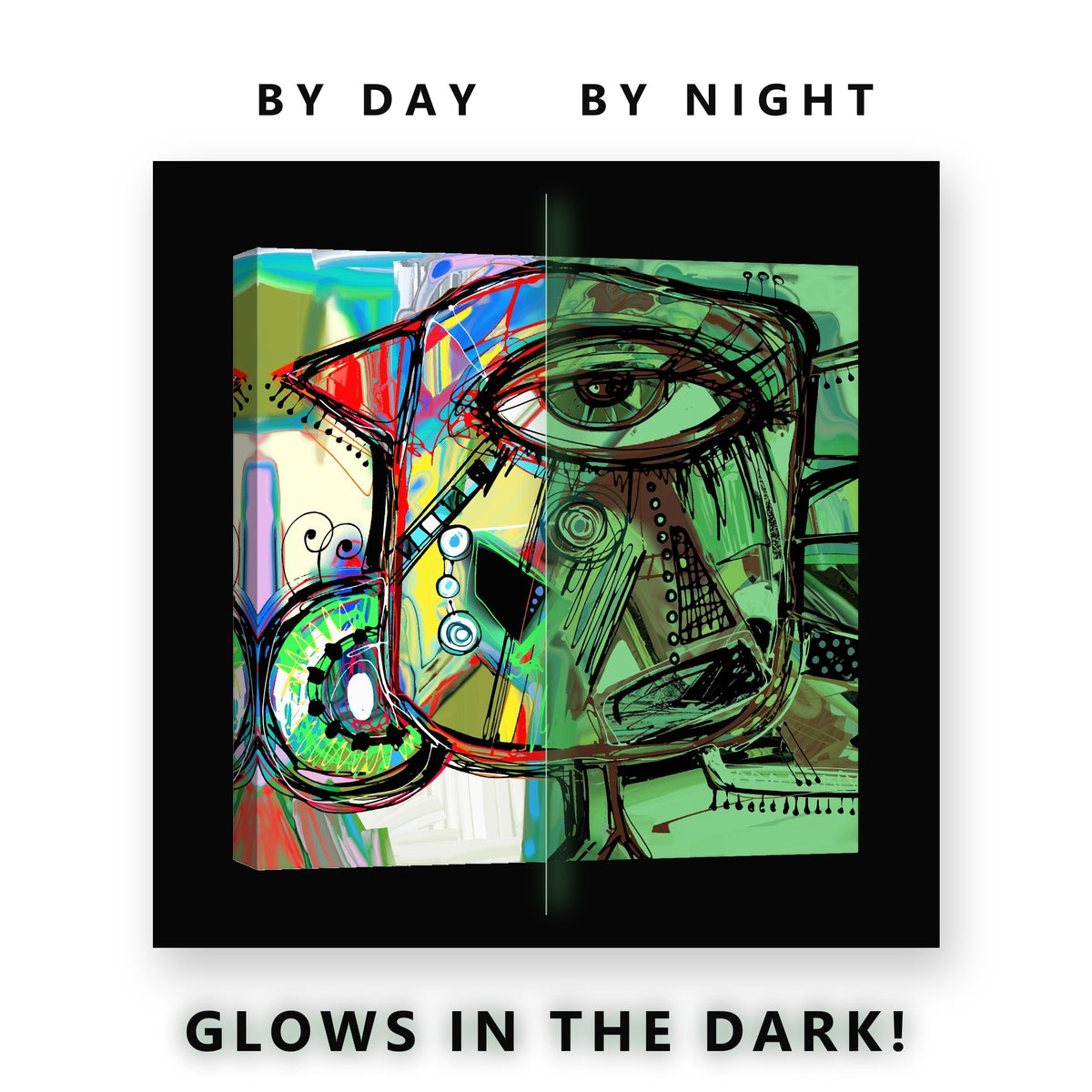 Graffiti Face Outline Art Glow in the Dark Canvas Wall Art Kids Room, glowing at night