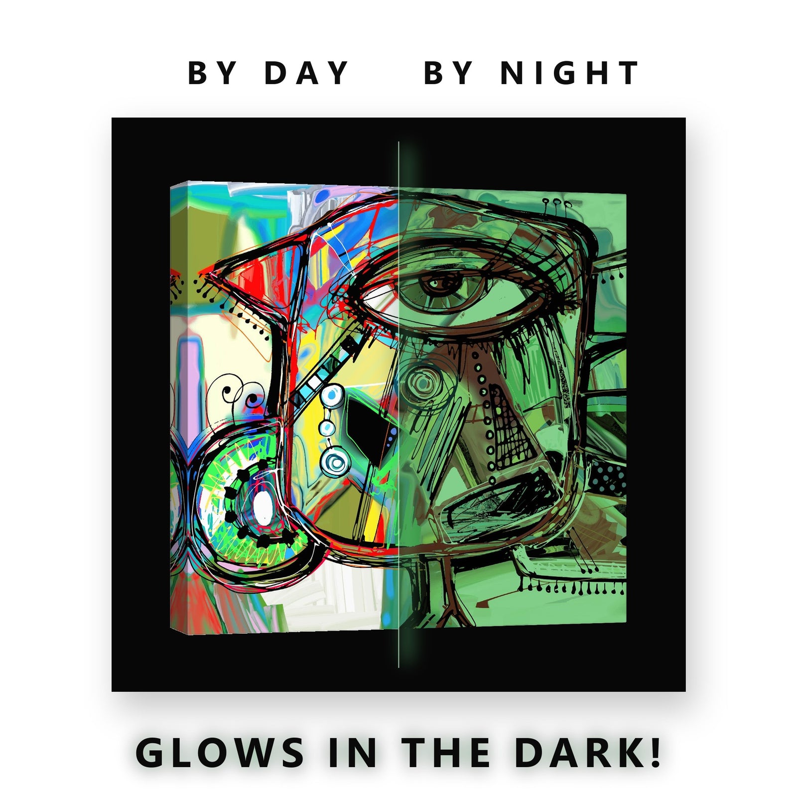 Graffiti Face Outline Art Glow in the Dark Canvas Wall Art Kids Room, glowing at night