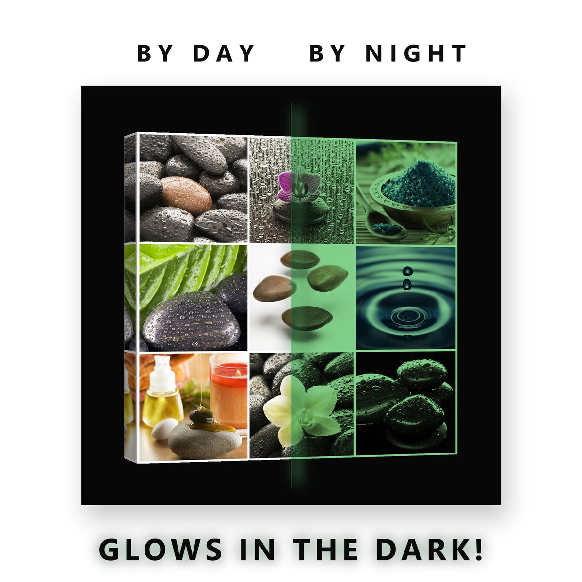 Zen Stones and Orchid Collage Glow in the Dark Canvas Wall Art Bathroom, glowing at night