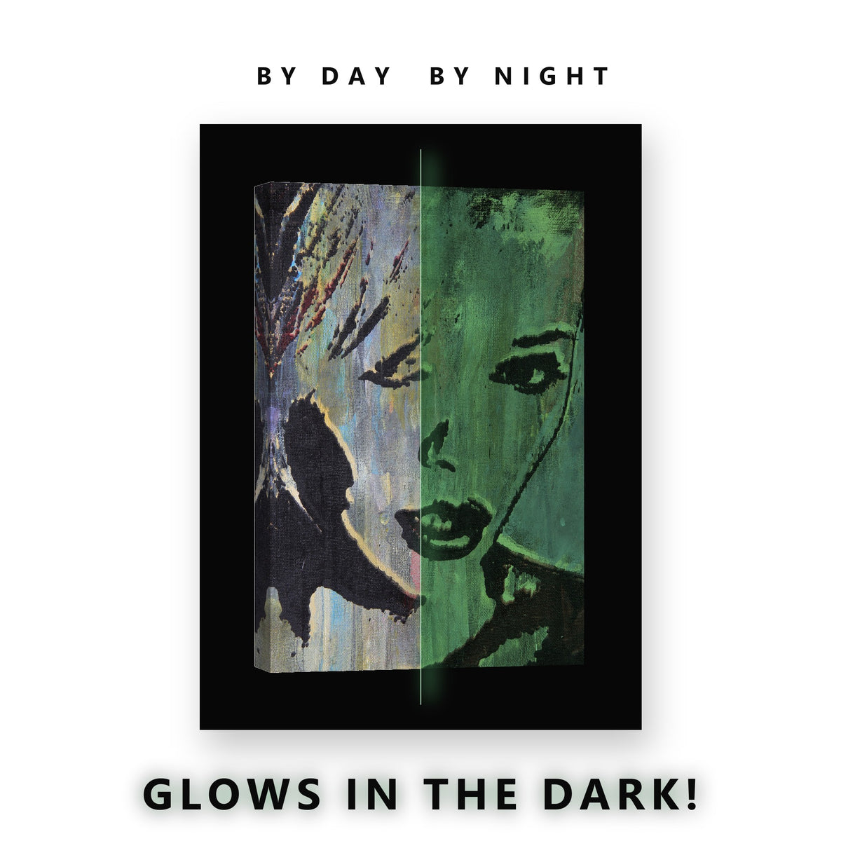 Painted Portrait in Blue Tones Glow in the Dark Canvas Wall Art Bedroom, glowing at night