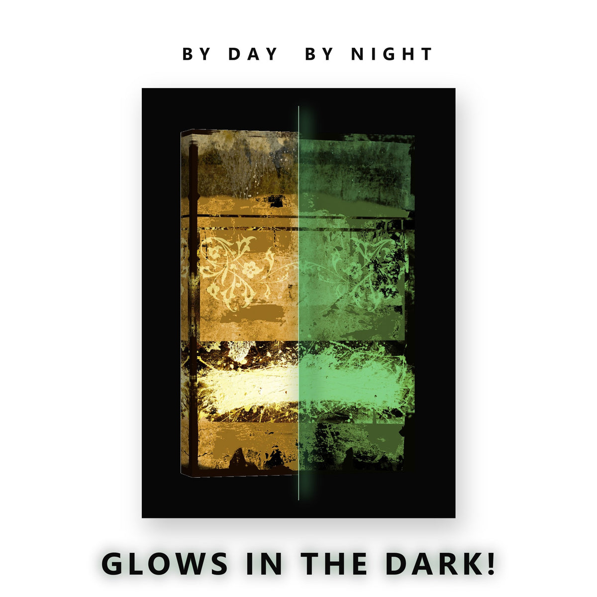 Gold Damask Distressed Abstract Glow in the Dark Canvas Wall Art Bedroom, glowing at night