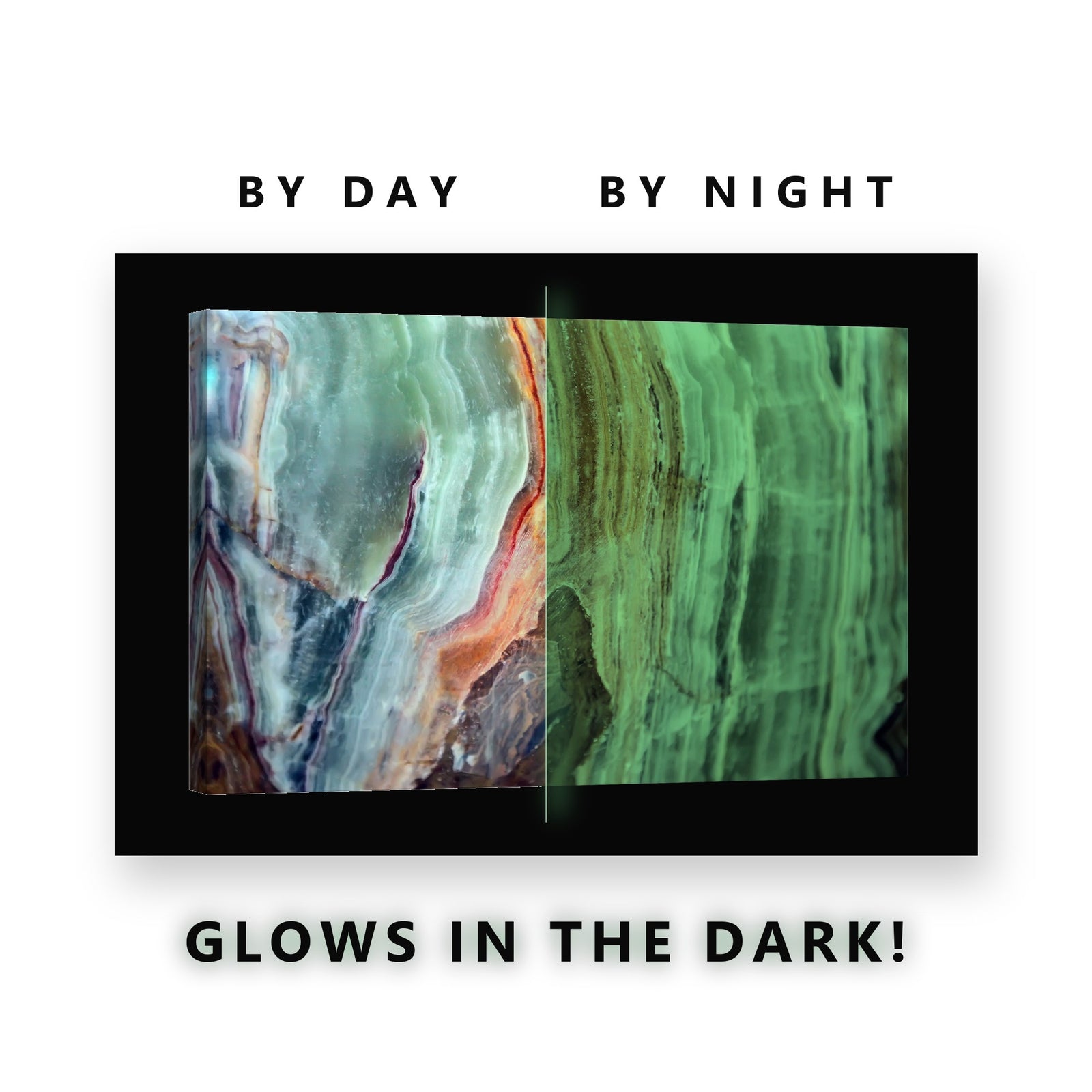 Green Onyx Mineral Bands Glow in the Dark Canvas Wall Art Living Room, glowing at night
