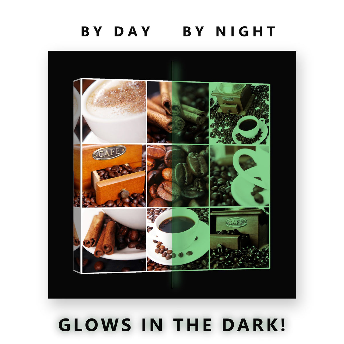 Coffee Beans and Cups Collage Glow in the Dark Canvas Wall Art Kitchen, glowing at night